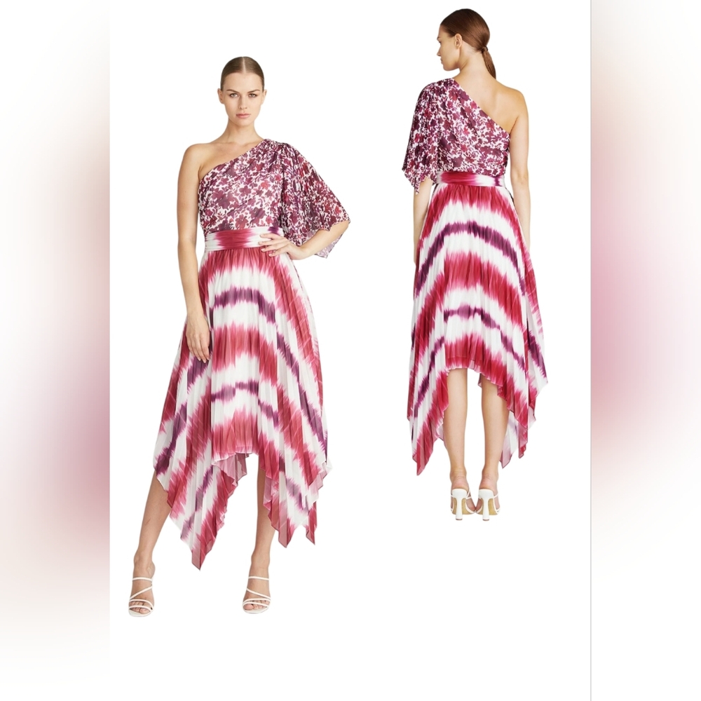 NWT $598 AMUR Saanvi One Shoulder Chiffon Midi Dress Floral Pink 6